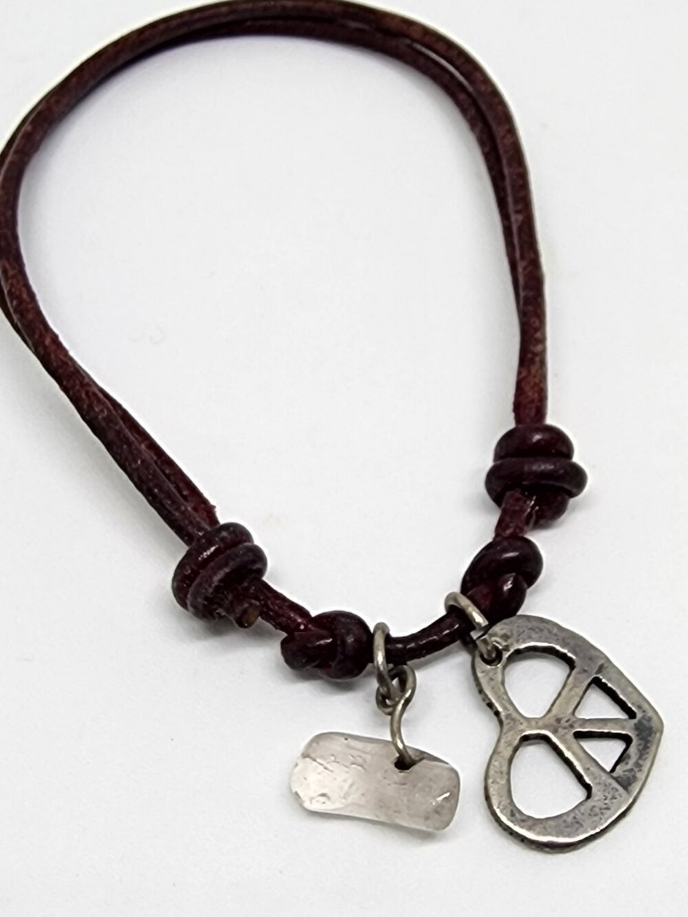 Sterling Silver JCM MAURITIUS Peace Heart & Quartz Charms on Leather Bracelet